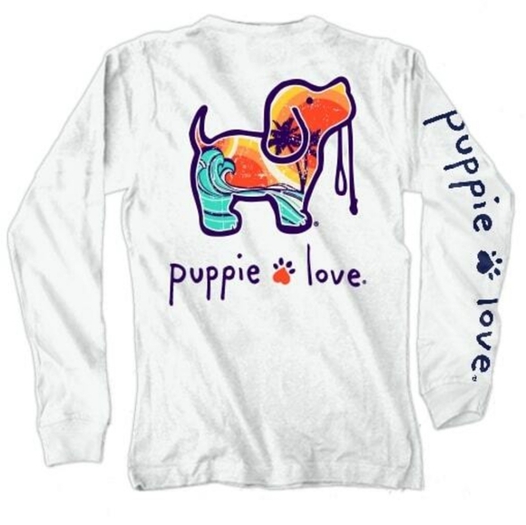 Puppie Love Tops - Puppie Love White Beach Surf Waves Long Sleeve T Shirt
